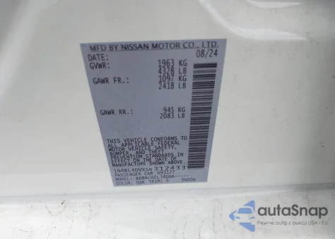 2025 Nissan Altima Sv Fwd из США, поврежденный, VIN 1N4BL4DVXSN312433